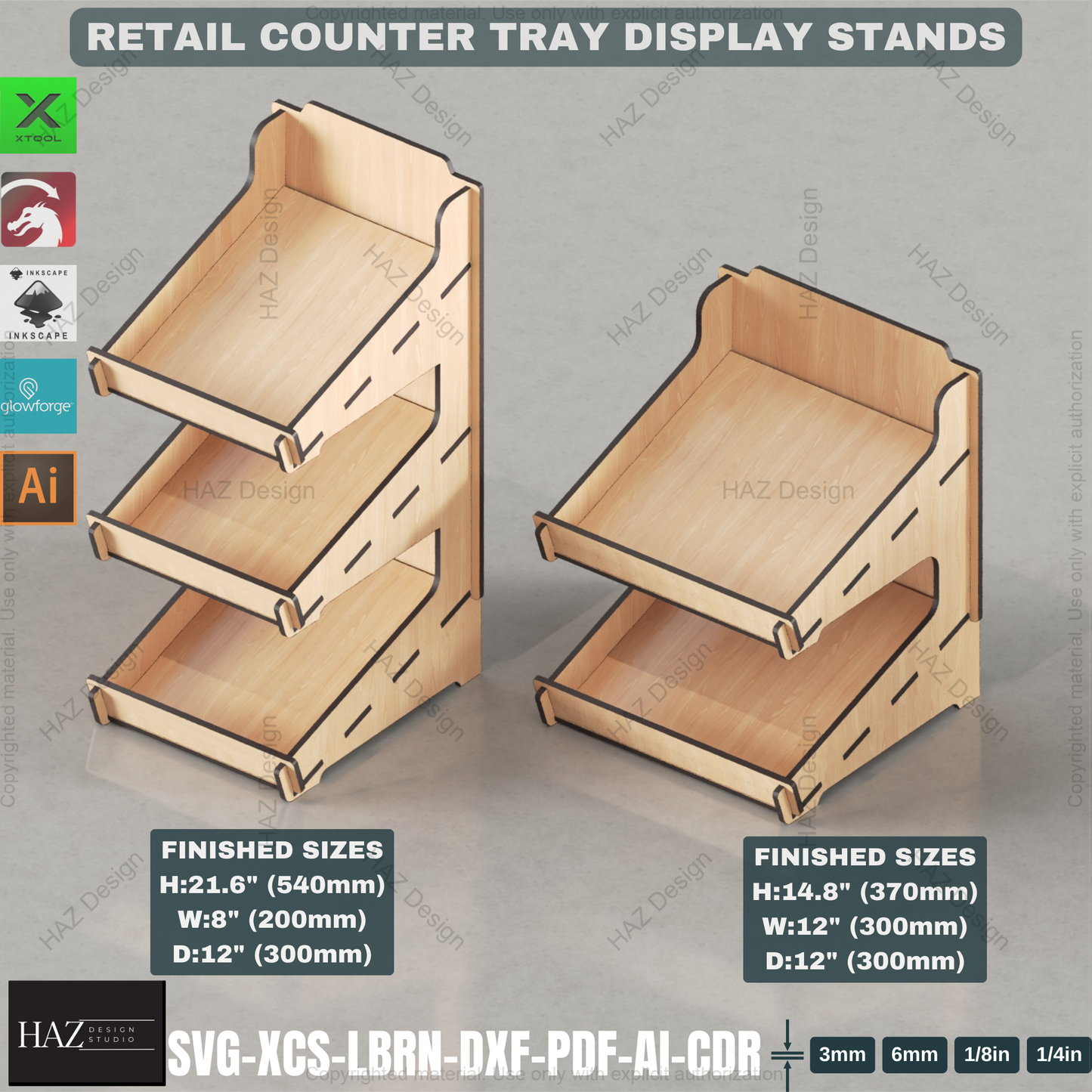 Laser Cut Curved Back Counter Tray Set | Multi-Size Tiered Display Stands | Retail & Market Files 441