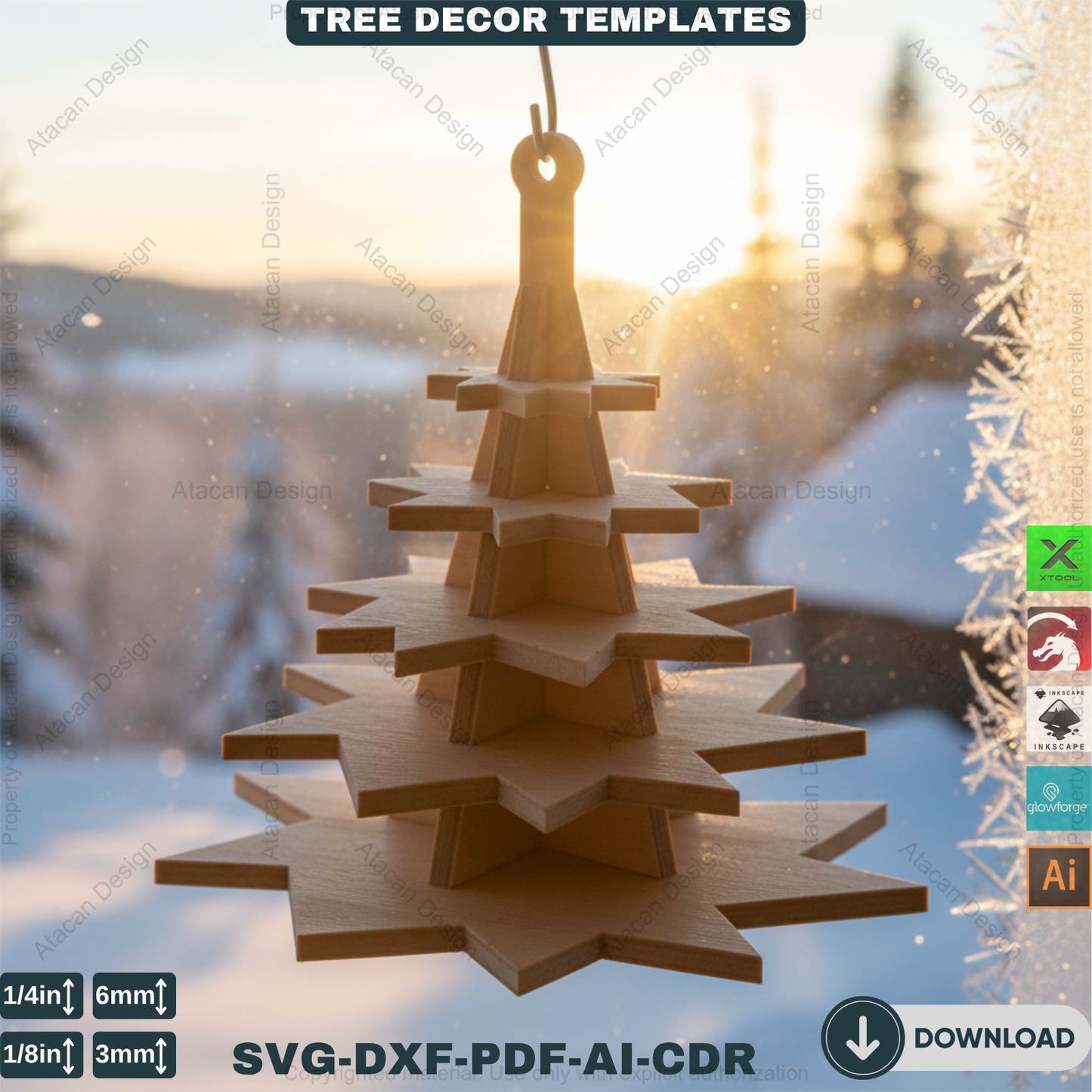 3D Christmas Tree Laser Cut File, Rustic Snowflake Holiday Decor, DIY Winter Tabletop Centerpiece for Glowforge & xTool 908