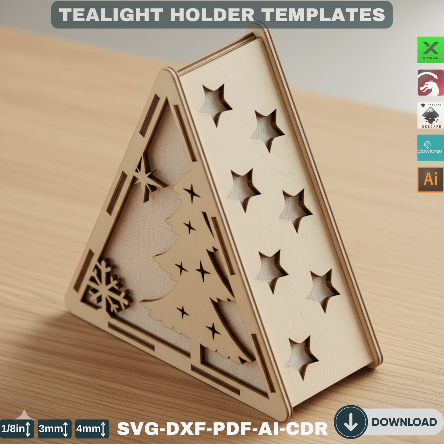 Christmas Pyramid Candle Holders - Tealight Laser Cut Lamp Designs for Night Light Decoration 778
