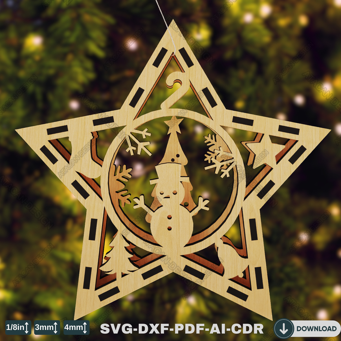 Elegant Wooden Christmas Baubles - Star Design with Snowy Scene, Deer & Winter Wonderland Details 770