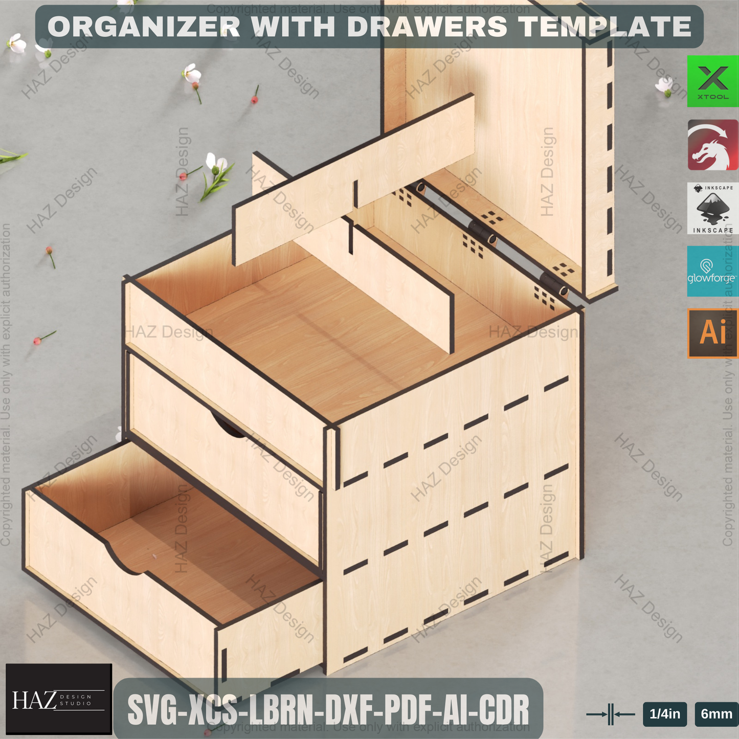Laser Cut Organizer Box Plan with Drawers. Wooden Jewelry or Desk Storage Design 444