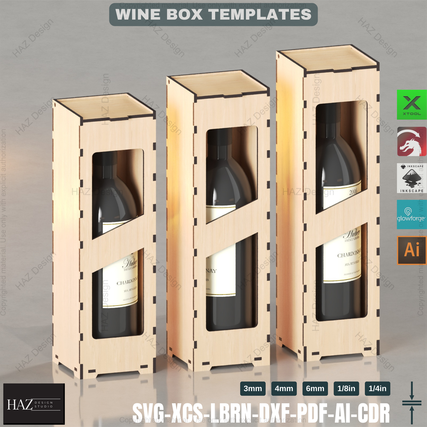 Laser Cut Wine Gift Box - 3 Sizes, 7 Designs - SVG Files,Wine Box Template - Laser Cut - 6 Thicknesses - Wood Gift 422