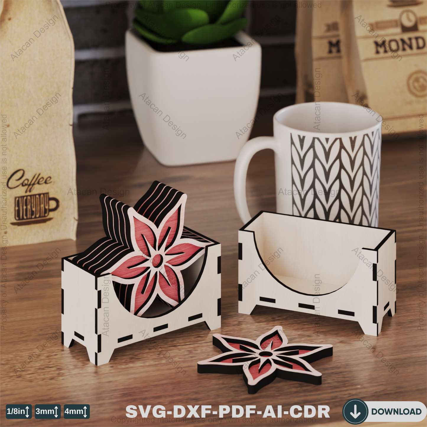 Modern Floral Coasters with Storage Box Ideal for DIY Laser Cutting,Decorative Pattern Coaster with Holder,5 Decorative Pattern Coaster 818