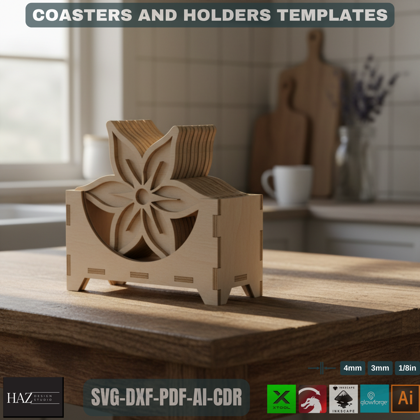 Floral Coaster Designs with Holder / Digital File for Laser Cutting / Decorative Coaster and Box Bundle 483