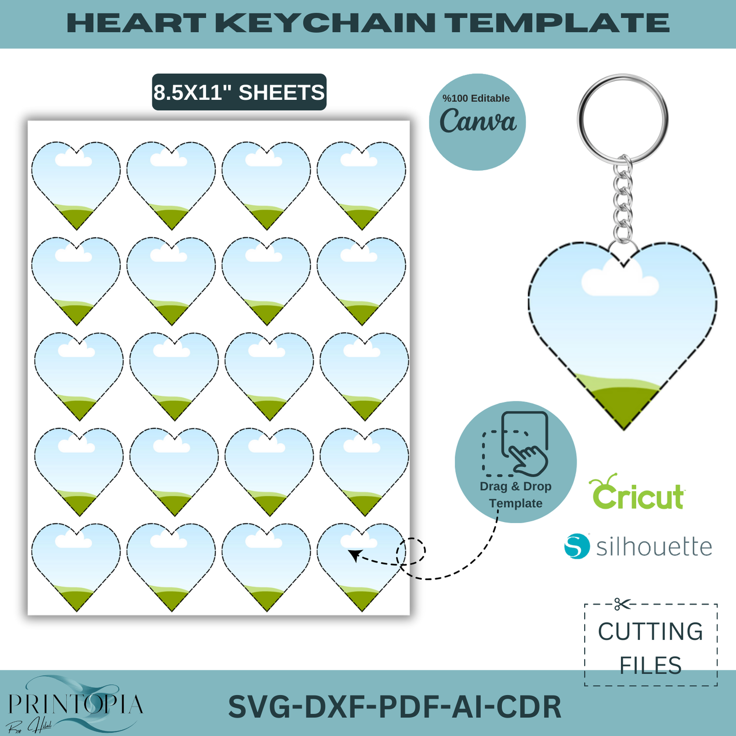 Heart Keychain Template svg DXF PDF ai CDR for Cricut Silhouette, Editable Drag & Drop Design 175