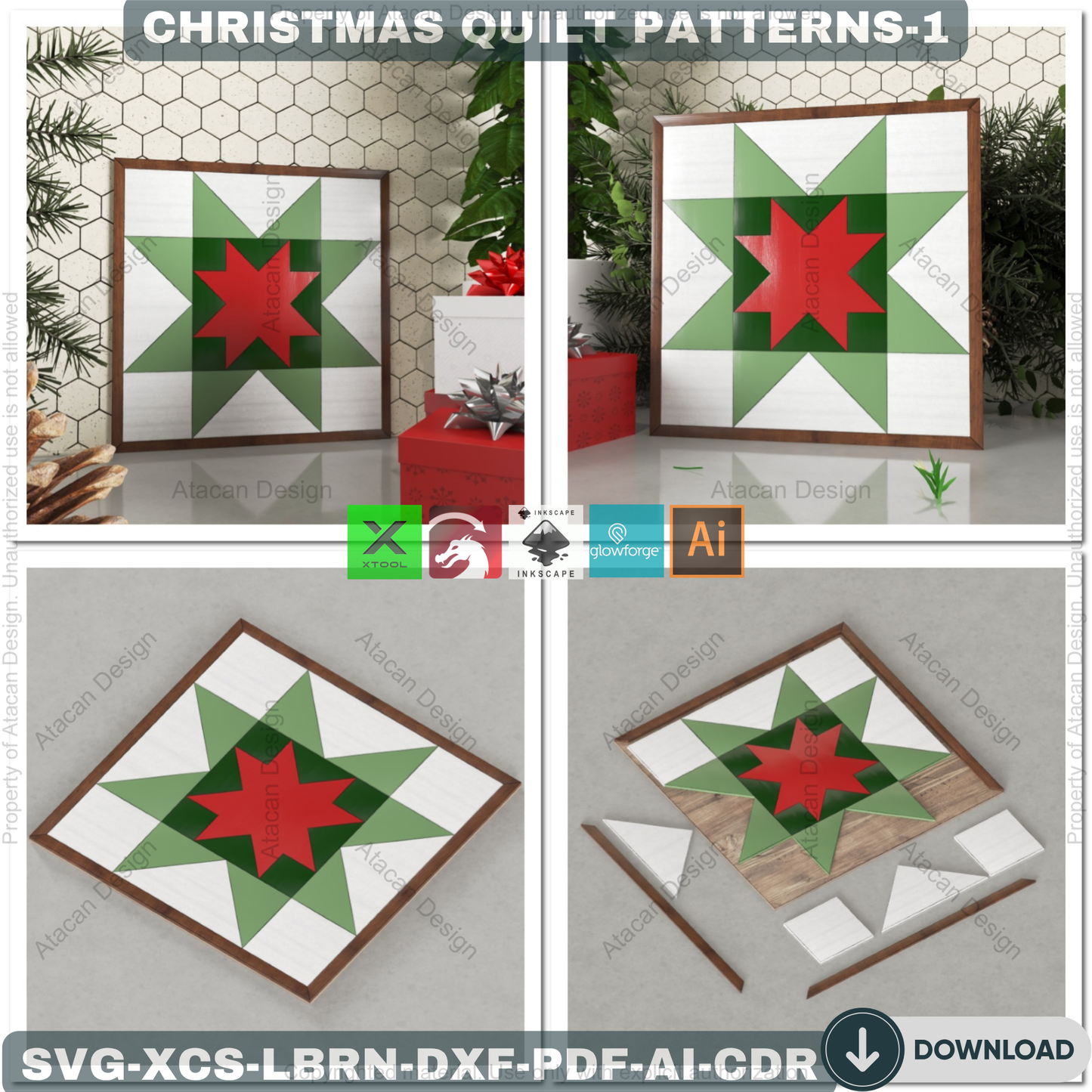 DIY Christmas Wall Art SVG, Festive Barn Quilt Pattern Collection, Laser Cut Files for Farmhouse Holiday Decor & Signs