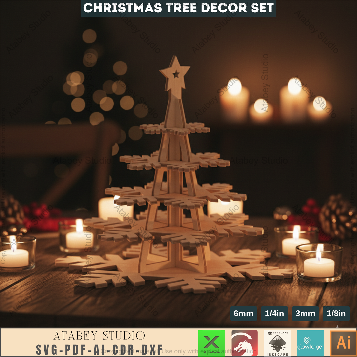 3D Christmas Snowflake Tree Decor Template for Laser Cutting | Standing Holiday Ornament Design for Glowforge, xTool, Lightburn Machines 965
