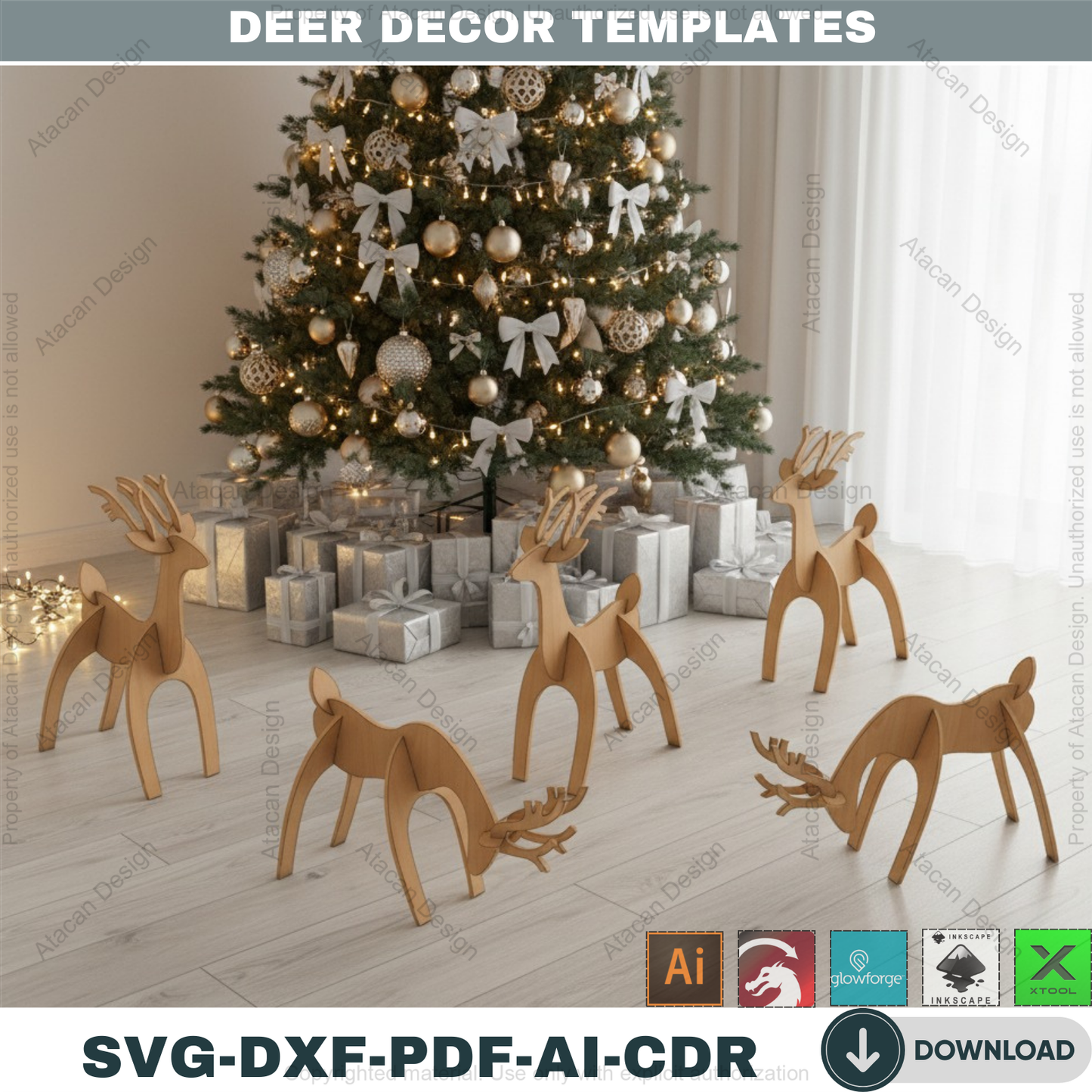 Christmas Deer Laser SVG Cutting Template / Wooden Reindeer DXF Cnc files / Glowforge Digital Download 126