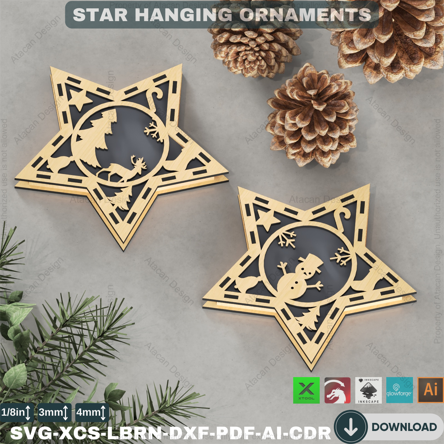 DIY Xmas Tree Stars: Laser Cut Designs for Holiday Decor, Set of 10,Holiday Star Ornament Bundle: Laser Cut Files, Festive Home Decor 876