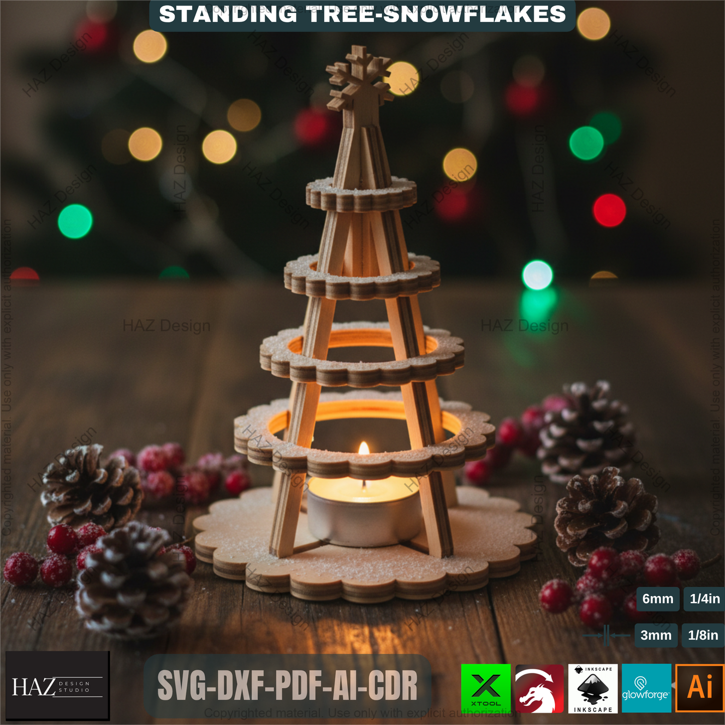 Wooden Snowflake Christmas Tree Light Decor Template Set Laser Cut Files for Holiday Table Centerpiece and Gift Craft 490