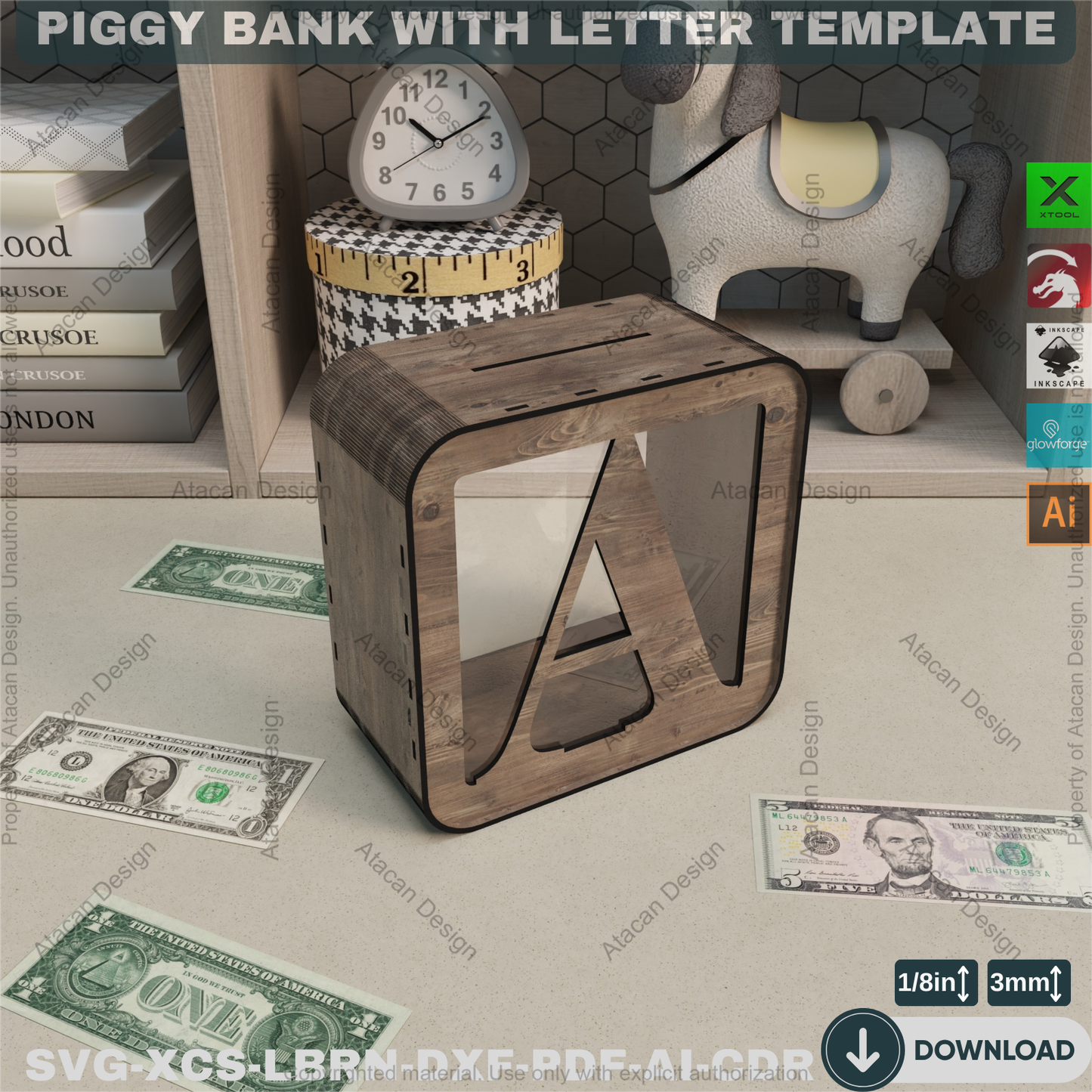 Rustic Letter Piggy Bank - Laser Cut Template - Wooden Coin Bank - Baby Shower - Custom Decor 875