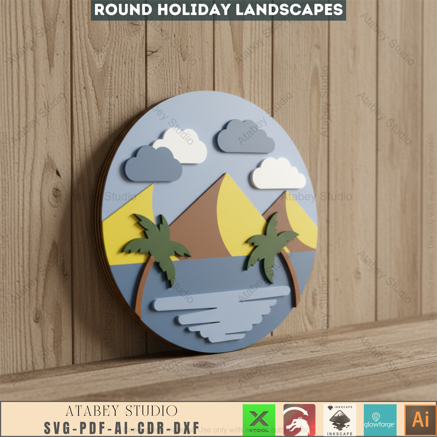 Tropical Paradise Laser Cut SVG | Round Beach Mountain Landscape Digital Files for Wall Decor | Instant Download 952