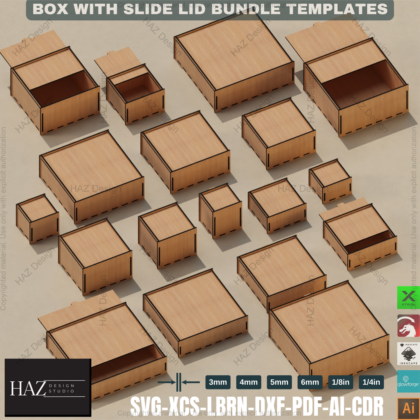 18 Size Slide Lid Box: Laser Templates,Laser Cut Box Set: Multiple Sizes, Slide Lid 415