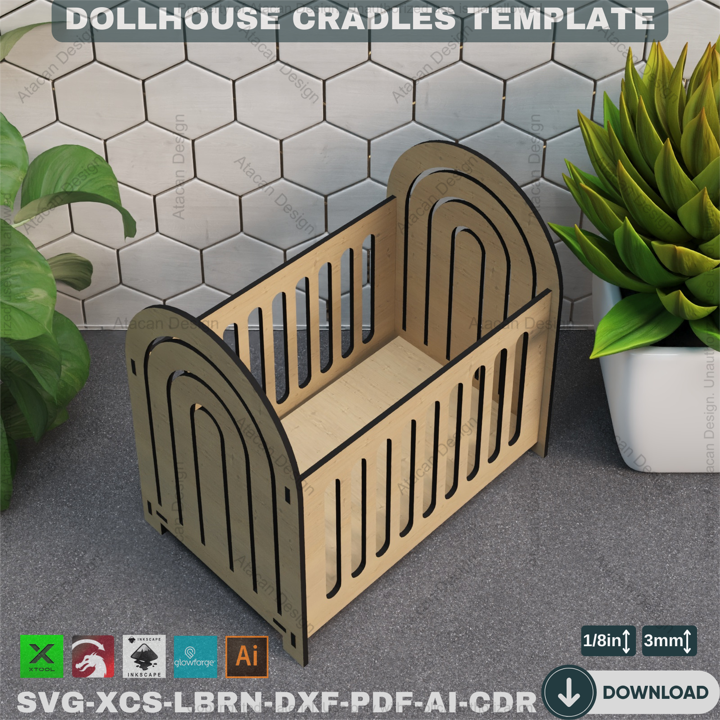 Laser Cut Doll Crib - Dollhouse Furniture Vector Files, 3 Designs,Miniature Crib Plan - Dollhouse Cradle, Laser Cut Furniture Design 865