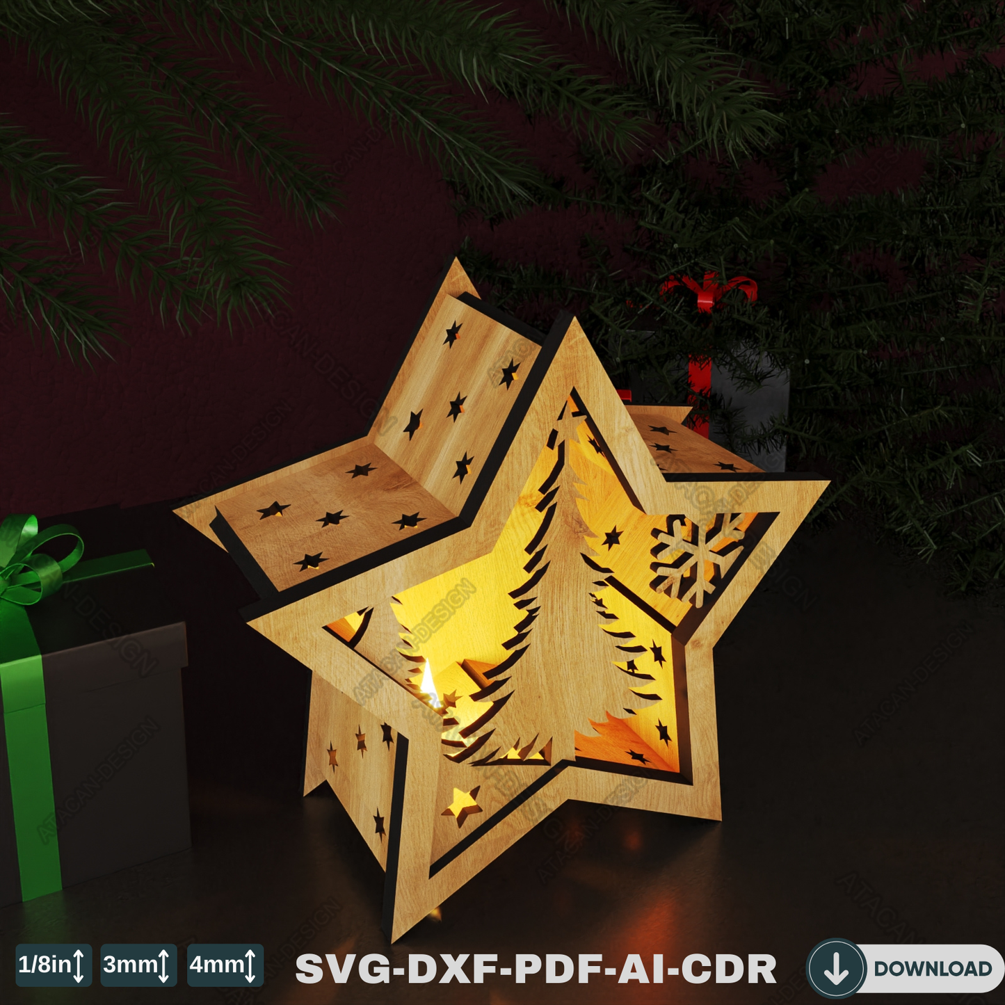 Star Laser Cut Christmas Lantern - Reindeer and Tree Winter Night Light Candle Holder 775