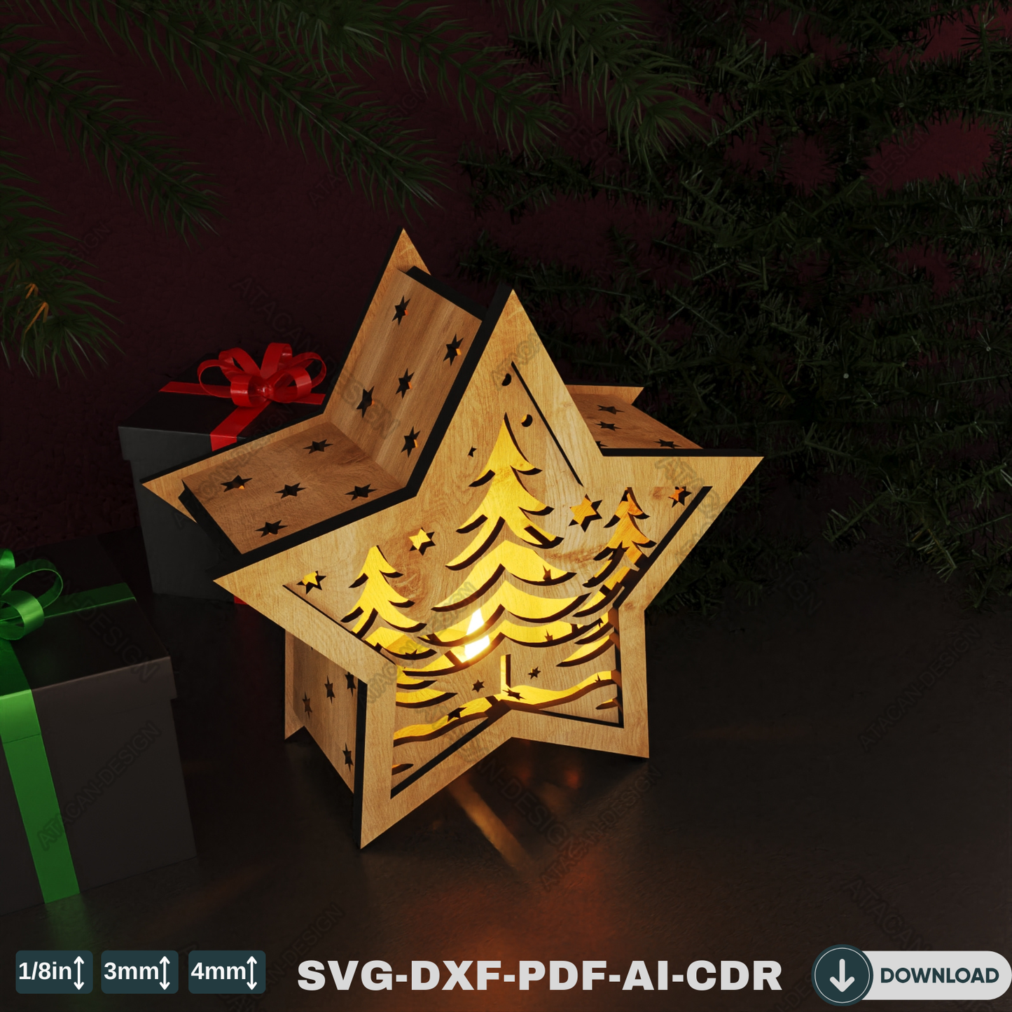 Star Laser Cut Christmas Lantern - Reindeer and Tree Winter Night Light Candle Holder 775