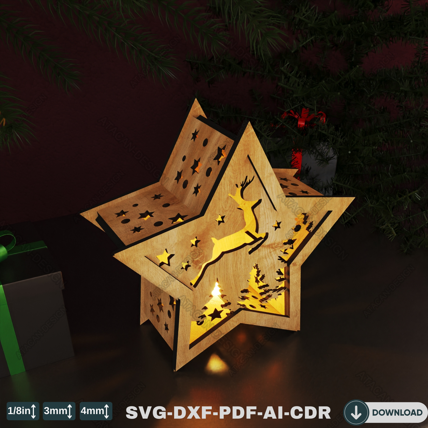 Star Laser Cut Christmas Lantern - Reindeer and Tree Winter Night Light Candle Holder 775