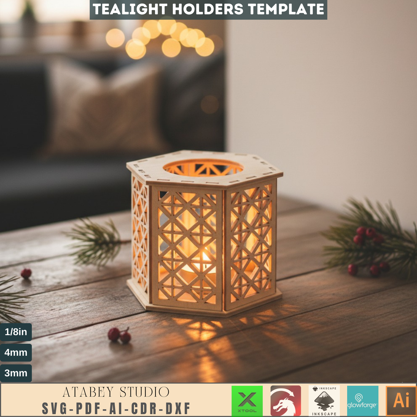 Laser Cut Tealight Holder SVG, Lantern Template Digital File, DIY Candle Decor Glowforge Xtool Ready, Wooden Luminary 543