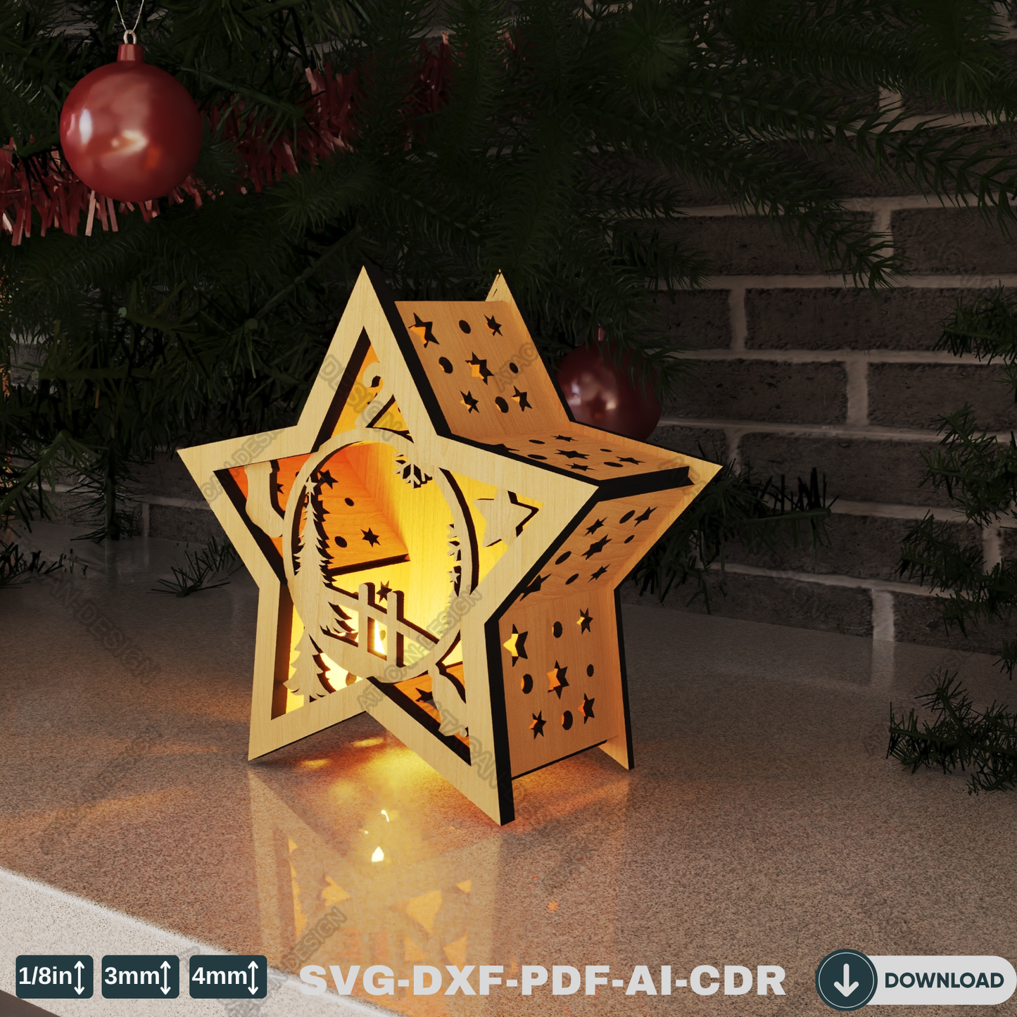 Star-Shaped Christmas Lantern for Laser Cutting - Festive Winter Candle Holder Design with Snowy Scenes 776