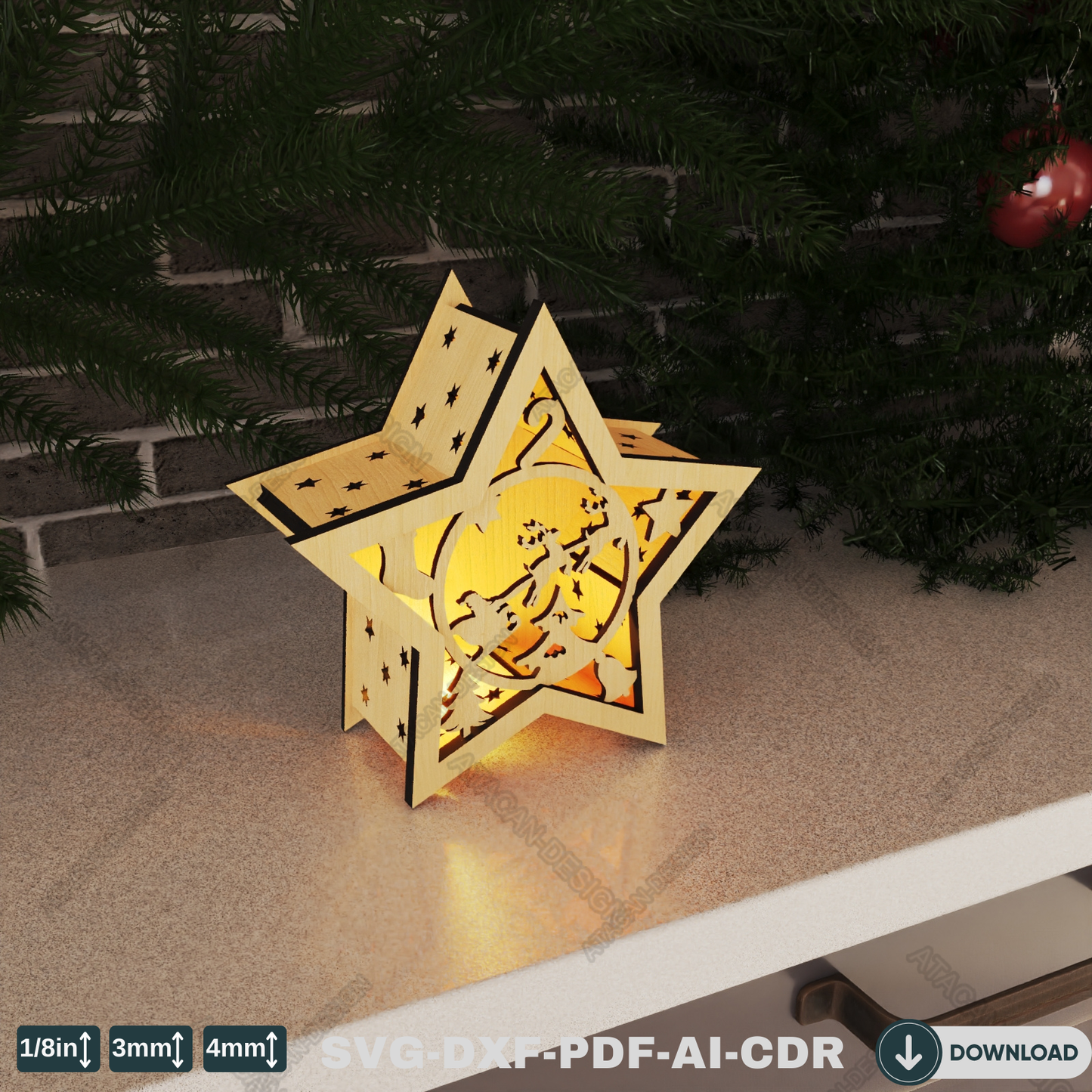 Star-Shaped Christmas Lantern for Laser Cutting - Festive Winter Candle Holder Design with Snowy Scenes 776
