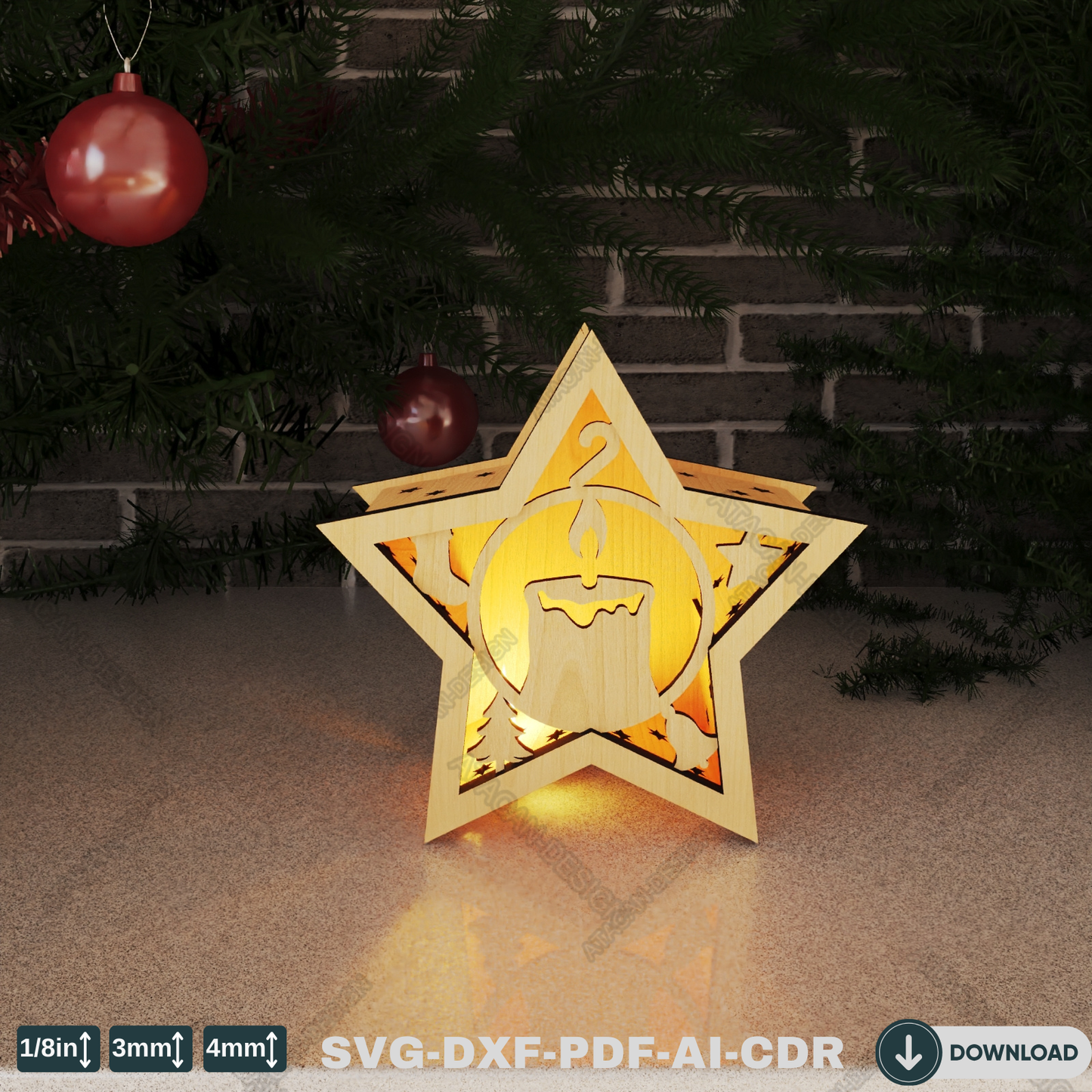 Star-Shaped Christmas Lantern for Laser Cutting - Festive Winter Candle Holder Design with Snowy Scenes 776