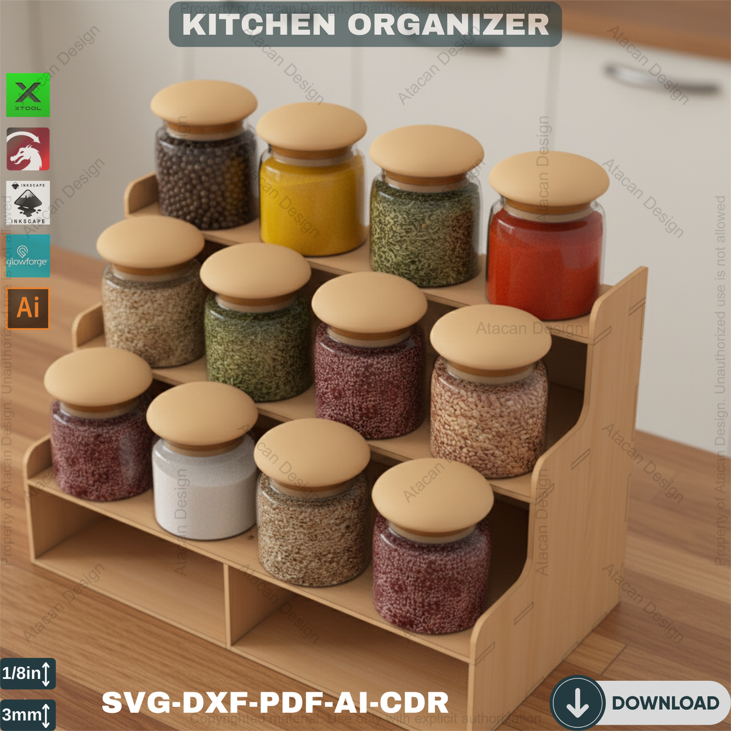 Elegant Wooden Spice Rack - Laser Cut DIY Display Stand 525