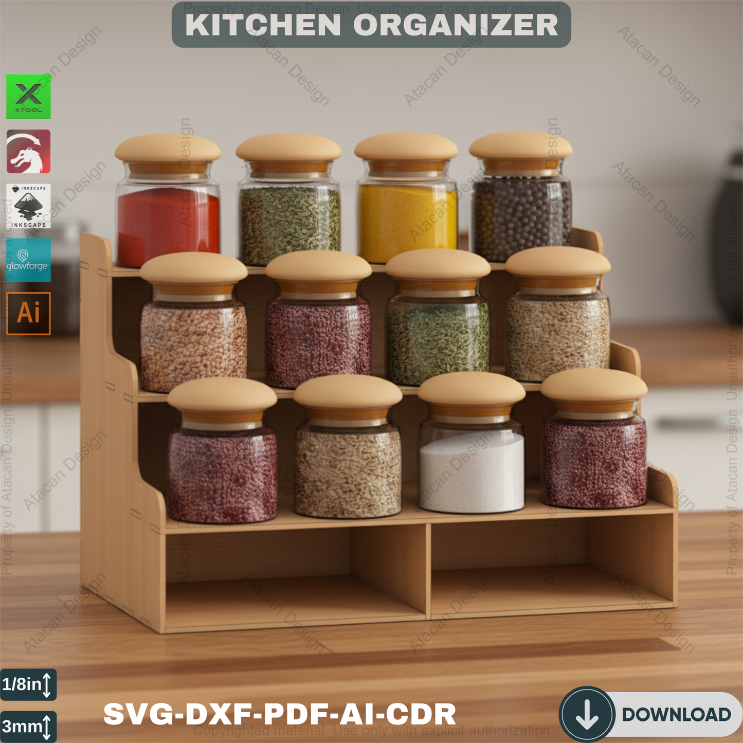 Elegant Wooden Spice Rack - Laser Cut DIY Display Stand 525
