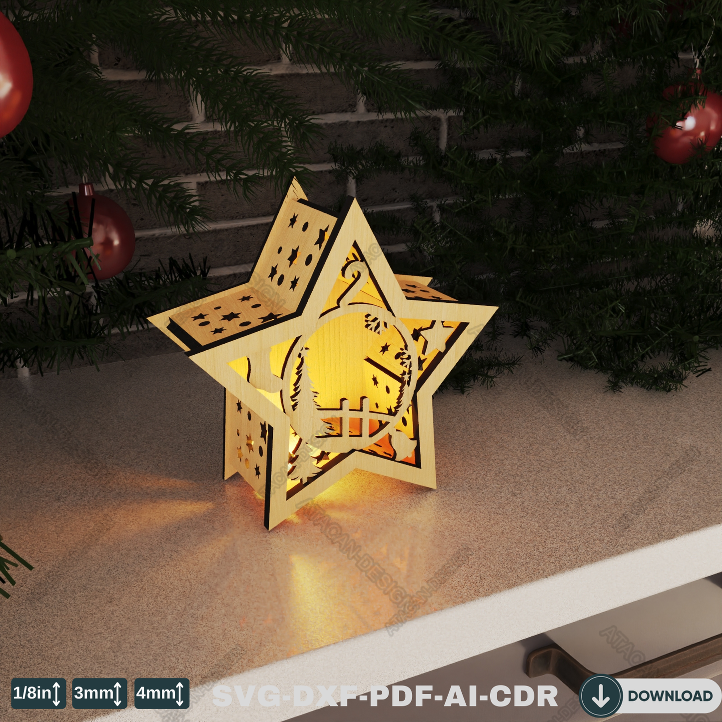 Star-Shaped Christmas Lantern for Laser Cutting - Festive Winter Candle Holder Design with Snowy Scenes 776