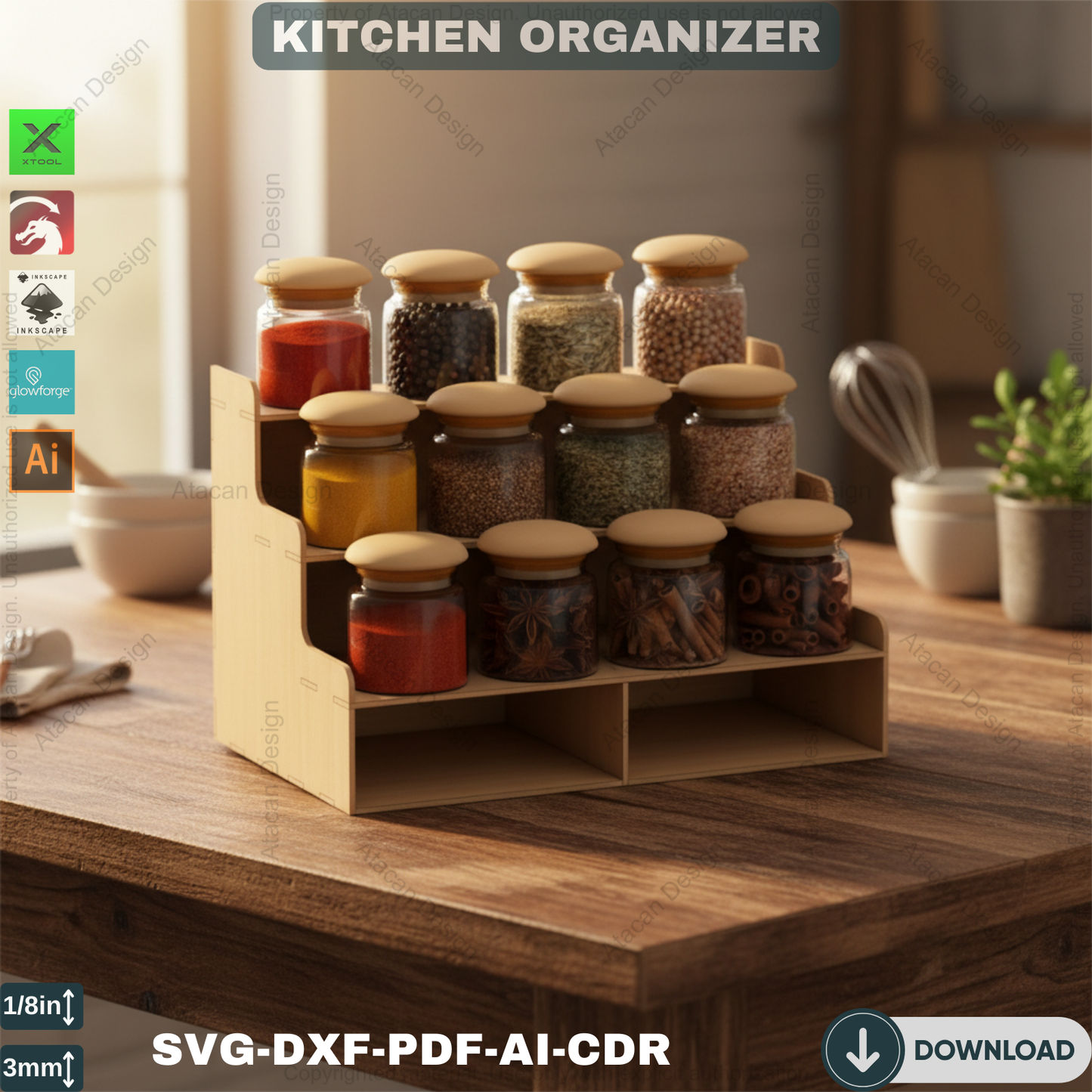 Elegant Wooden Spice Rack - Laser Cut DIY Display Stand 525