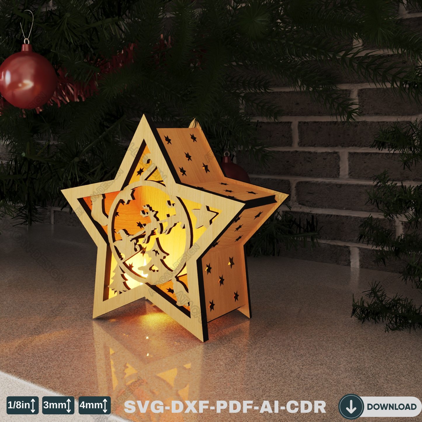 Star-Shaped Christmas Lantern for Laser Cutting - Festive Winter Candle Holder Design with Snowy Scenes 776