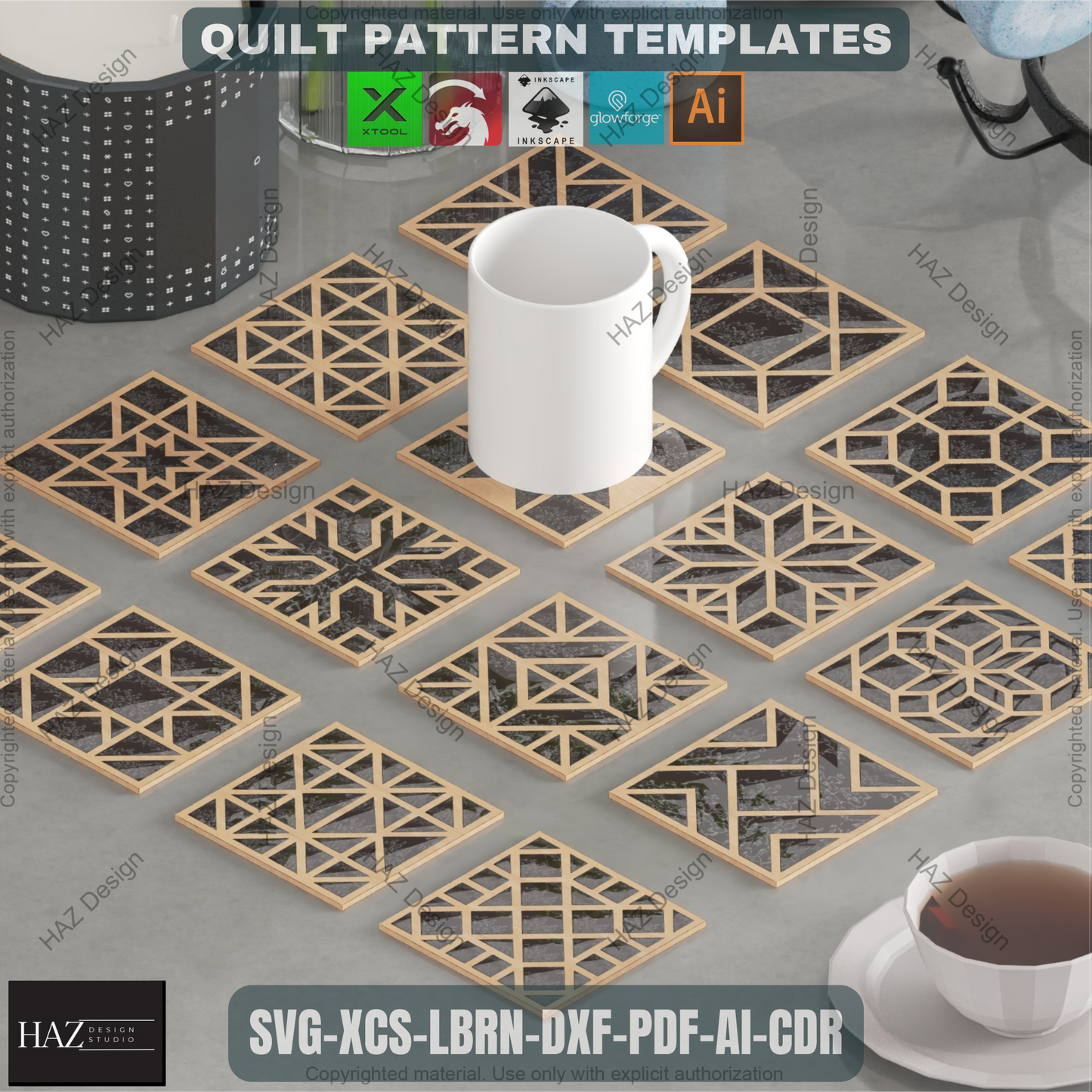 Geometric Quilt Block Craft Bundle • 16 Laser Cut Templates for Farmhouse Coasters • DIY Wood Wall Art & Home Decor Projects 463