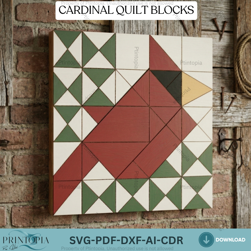 Geometric Cardinal Bird Barn Quilt Block Pattern, Rustic Wooden Wall Art Laser Cut Template 337