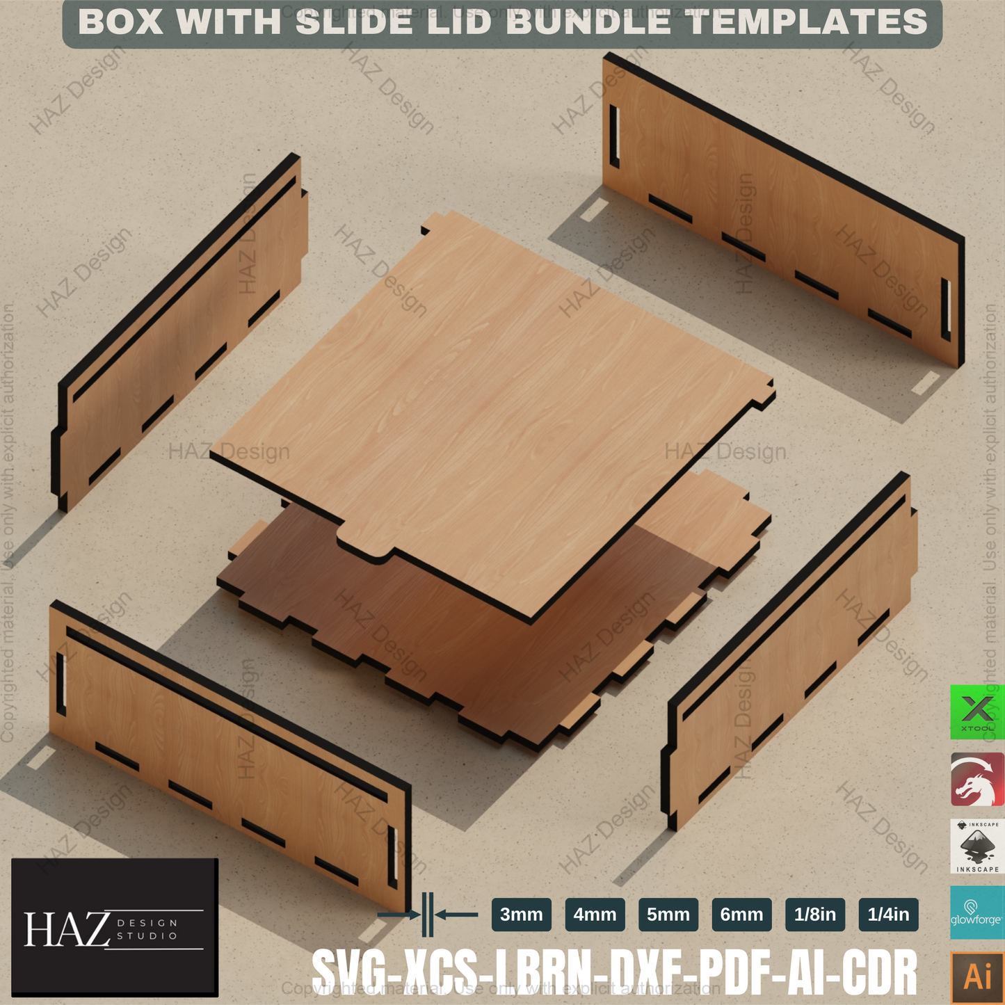 18 Size Slide Lid Box: Laser Templates,Laser Cut Box Set: Multiple Sizes, Slide Lid 415