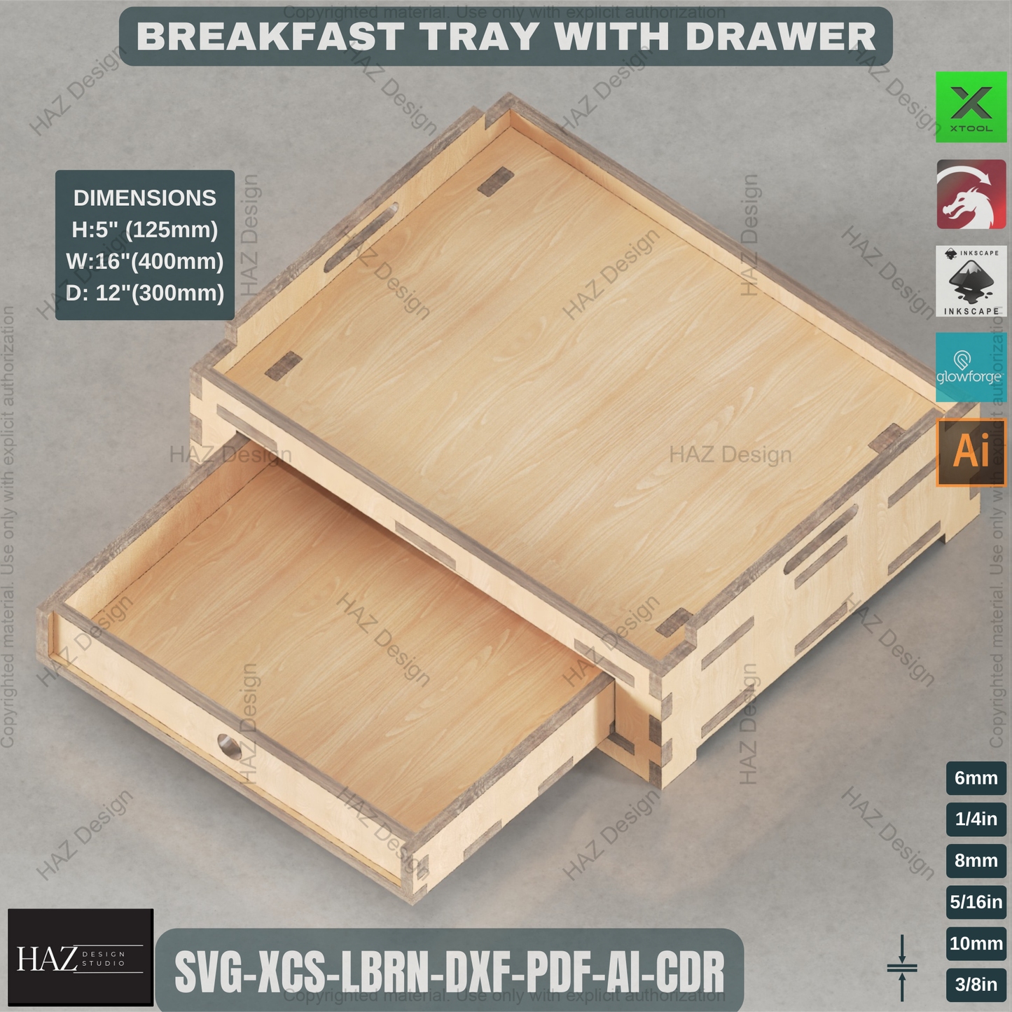 Wooden Breakfast Tray with Drawer - Laser Cut Digital Design Plan 453