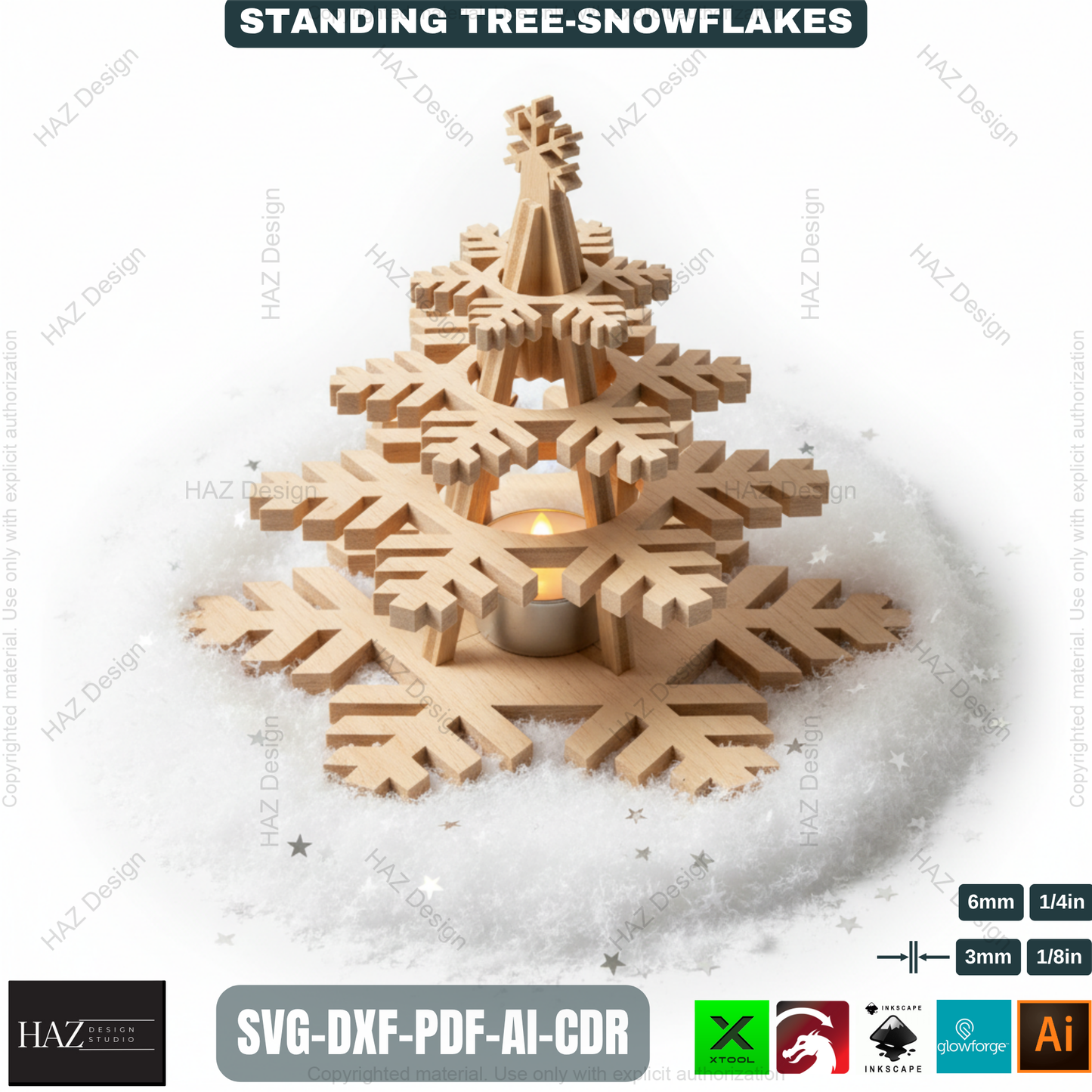 Wooden Snowflake Christmas Tree Light Decor Template Set Laser Cut Files for Holiday Table Centerpiece and Gift Craft 490