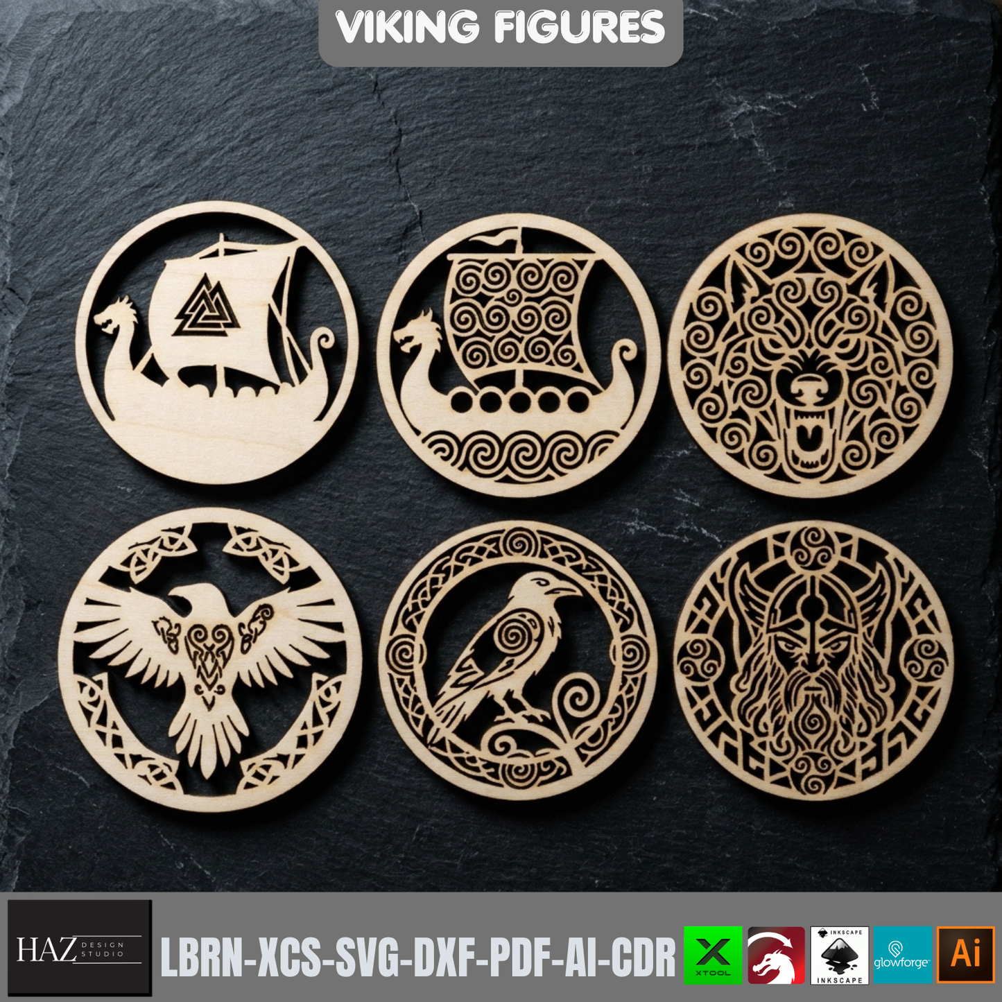 Viking Figures Laser Cut Round Coaster Wood Cutting Template SVG Files