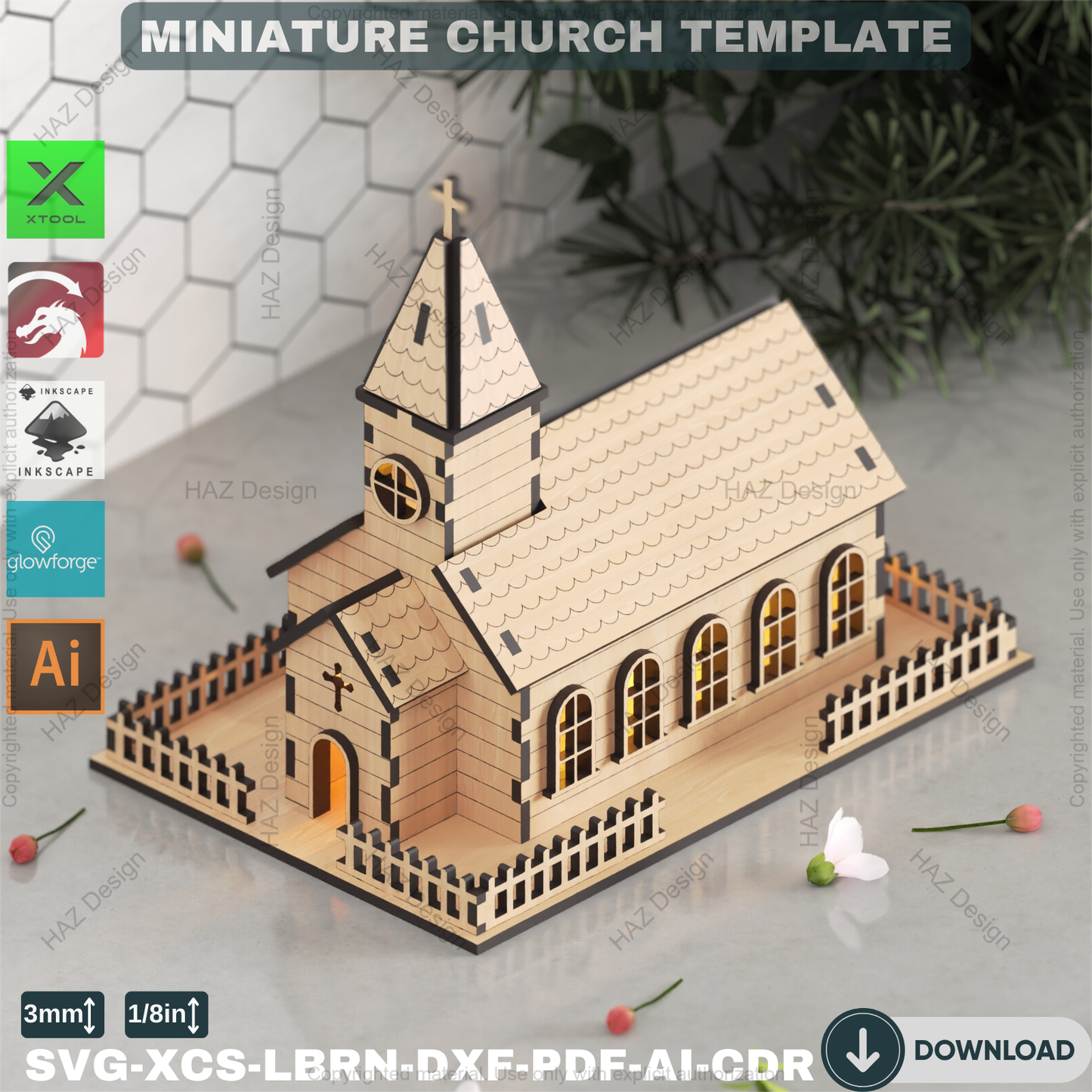 Laser Cut Miniature Church File - Detailed 3D Wooden Model for Decor - Digital Building Plan,Miniature Church Template for Glowforge & xTool 881