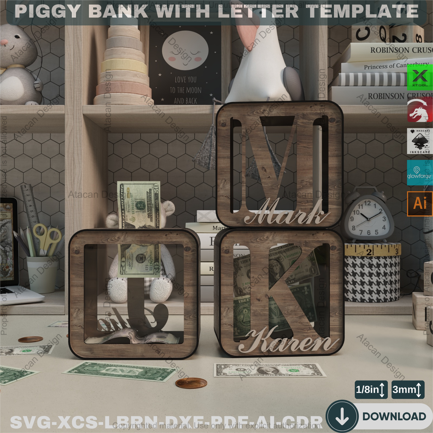 Rustic Letter Piggy Bank - Laser Cut Template - Wooden Coin Bank - Baby Shower - Custom Decor 875