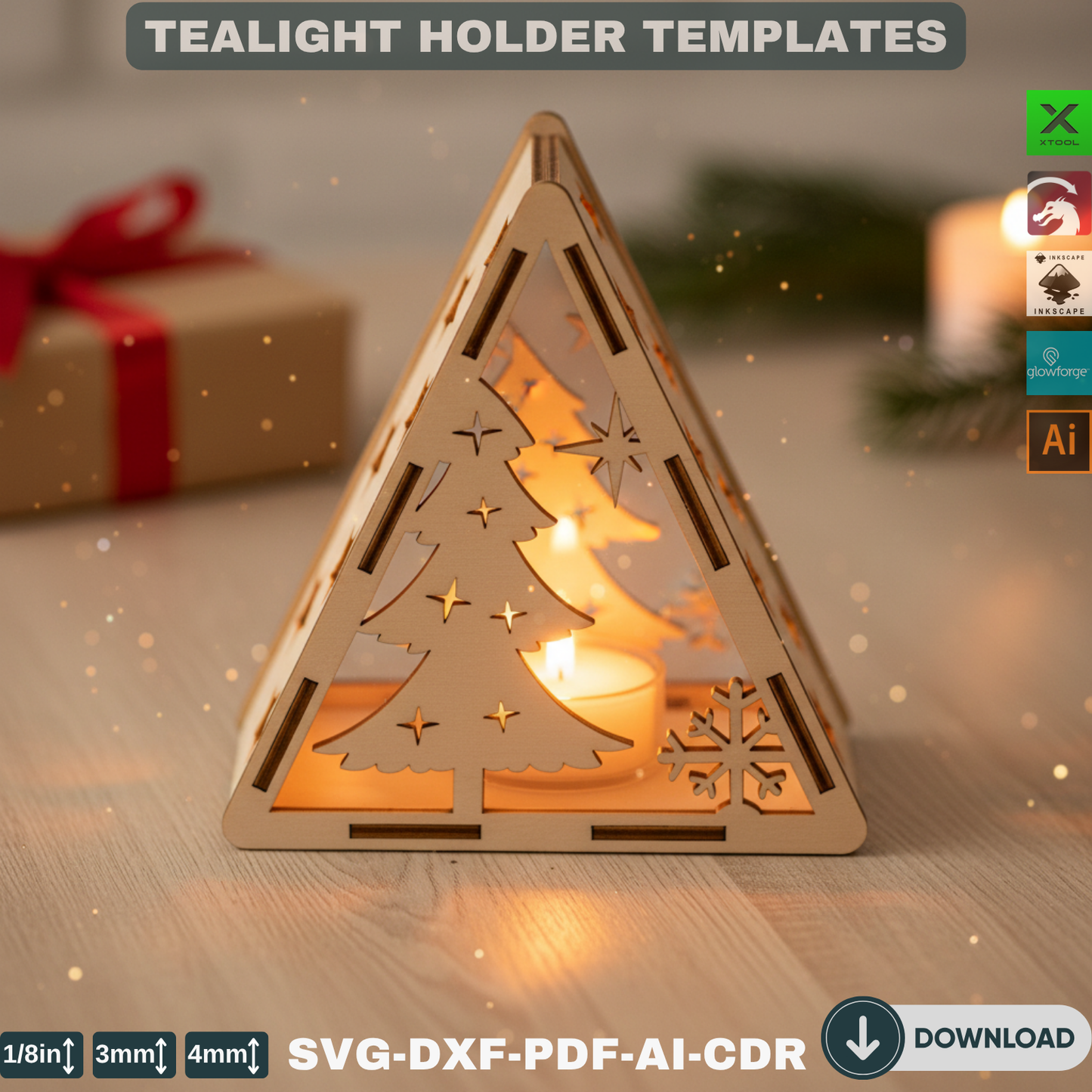 Christmas Pyramid Candle Holders - Tealight Laser Cut Lamp Designs for Night Light Decoration 778