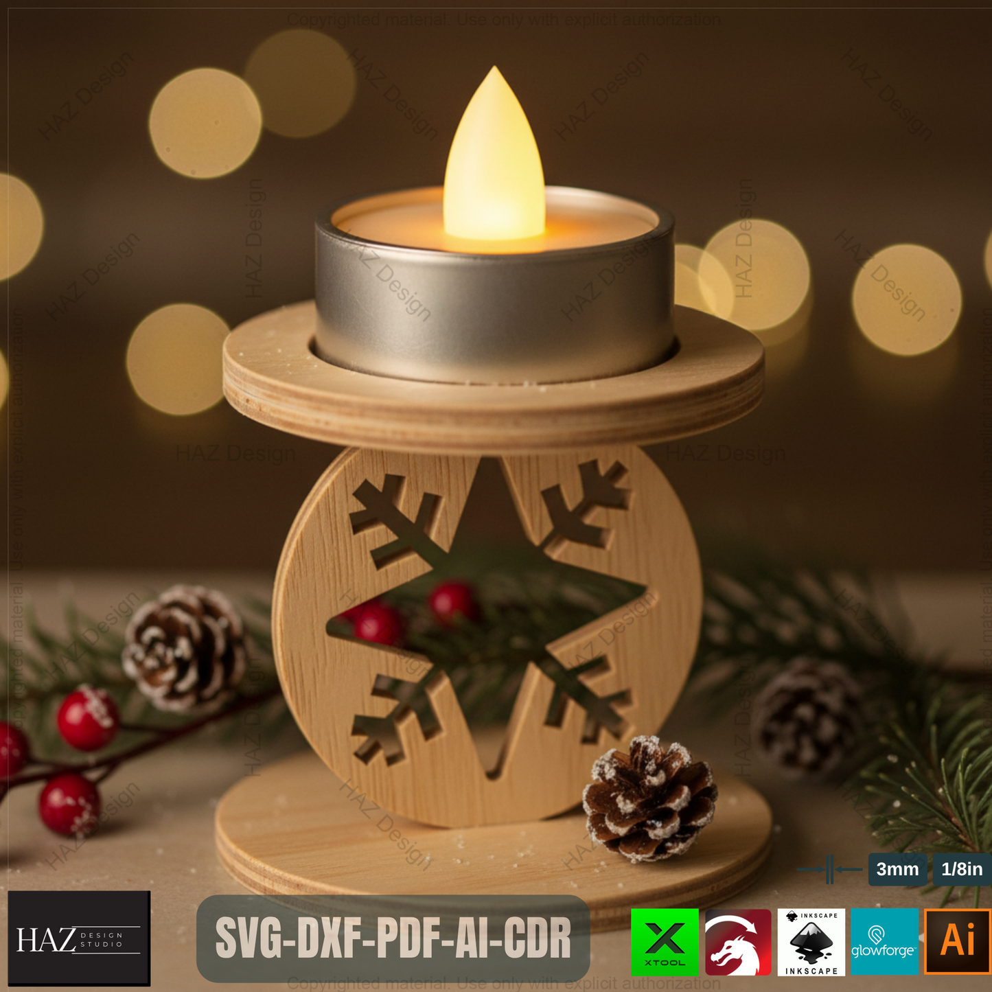Standing Snowflake Tealight Holders, 3D Wood Laser Cut Ornament Template, DIY Christmas Candle Holder SVG Files
