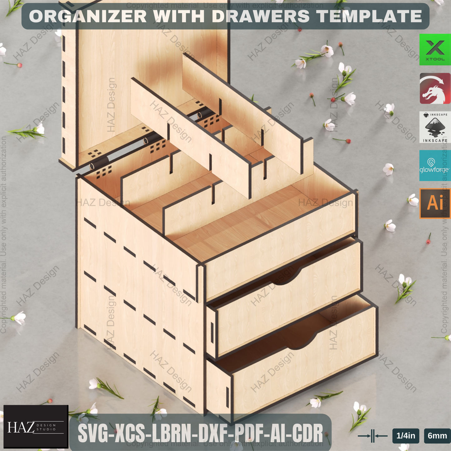 Laser Cut Organizer Box Plan with Drawers. Wooden Jewelry or Desk Storage Design 444