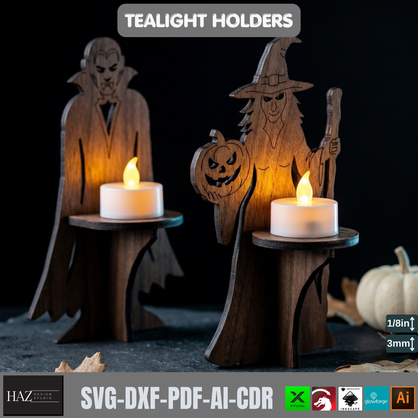 Halloween Tealight Holder Laser Cut Files Vampire Witch Candle Stand SVG 565