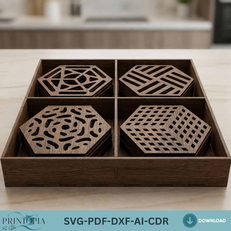 Geometric Laser Cut Coasters and Box Design Modern Wood Coaster Set Bundle