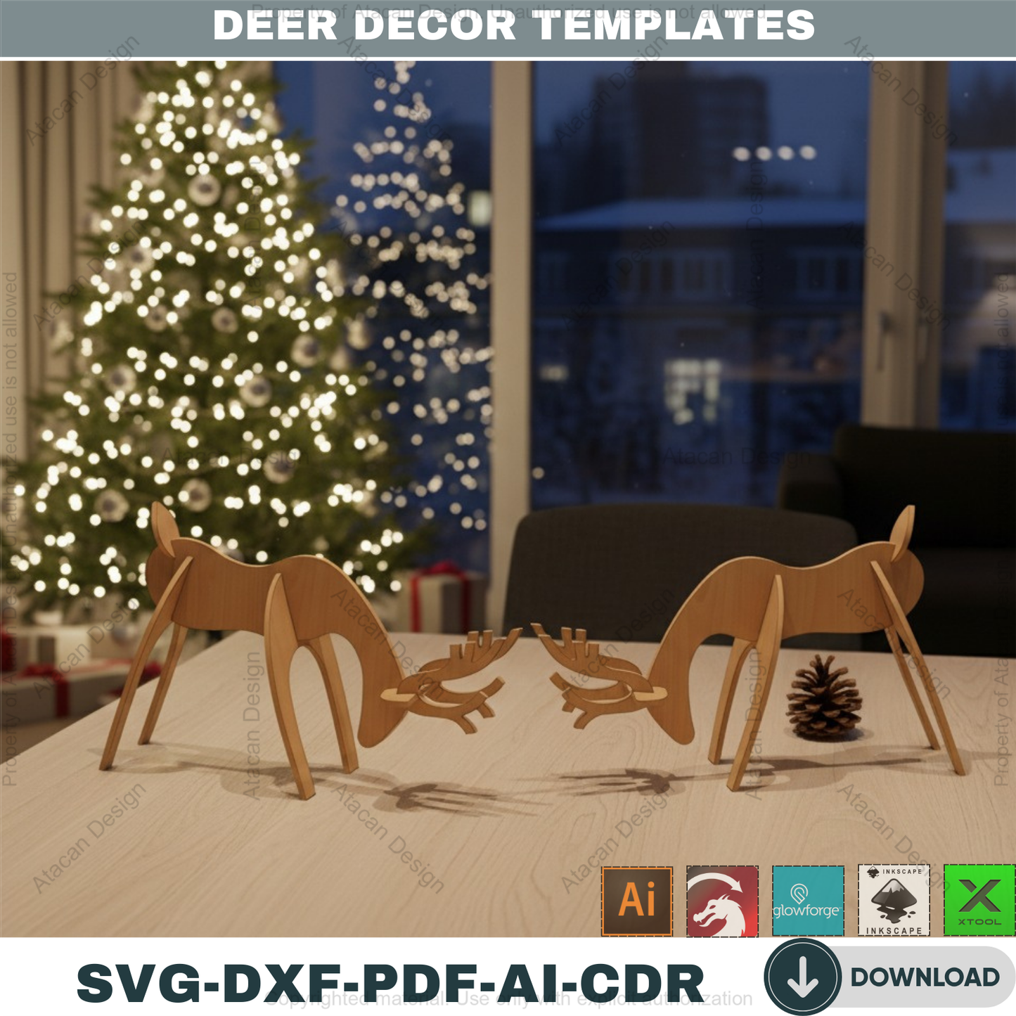 Christmas Deer Laser SVG Cutting Template / Wooden Reindeer DXF Cnc files / Glowforge Digital Download 126