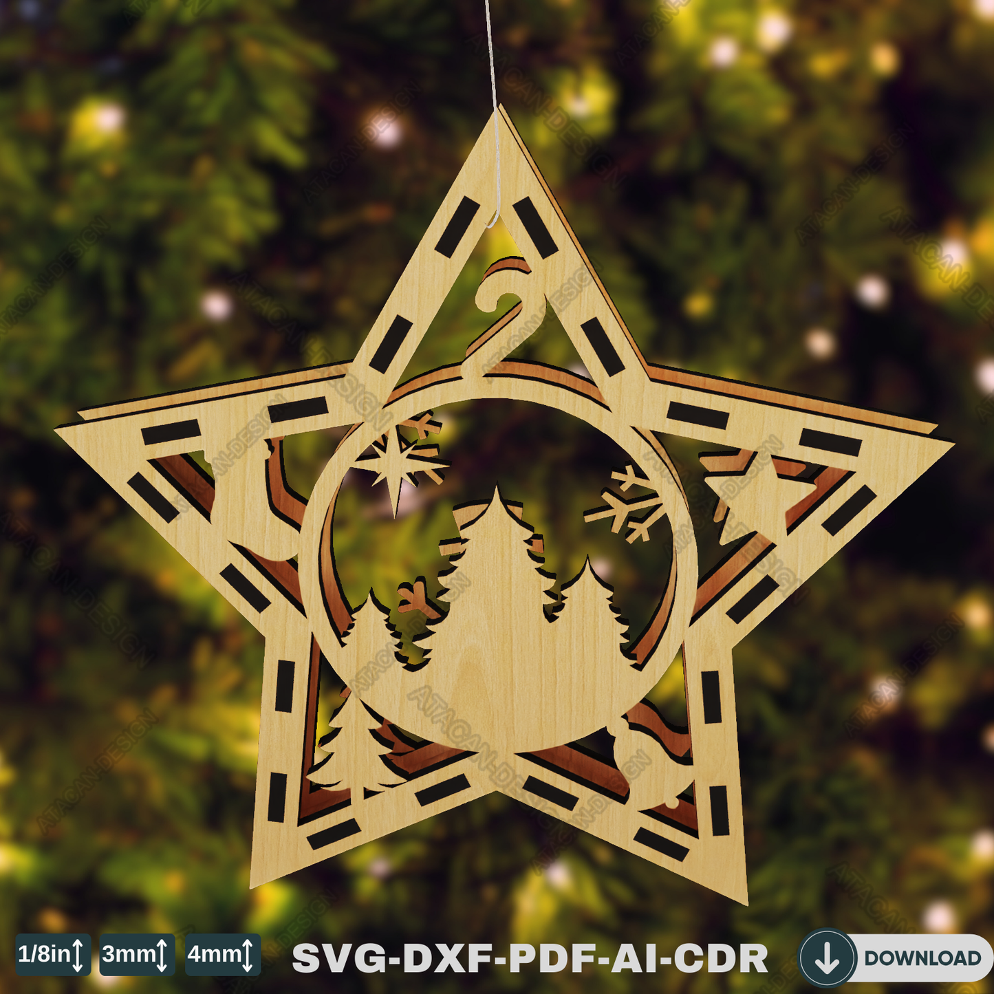 Elegant Wooden Christmas Baubles - Star Design with Snowy Scene, Deer & Winter Wonderland Details 770