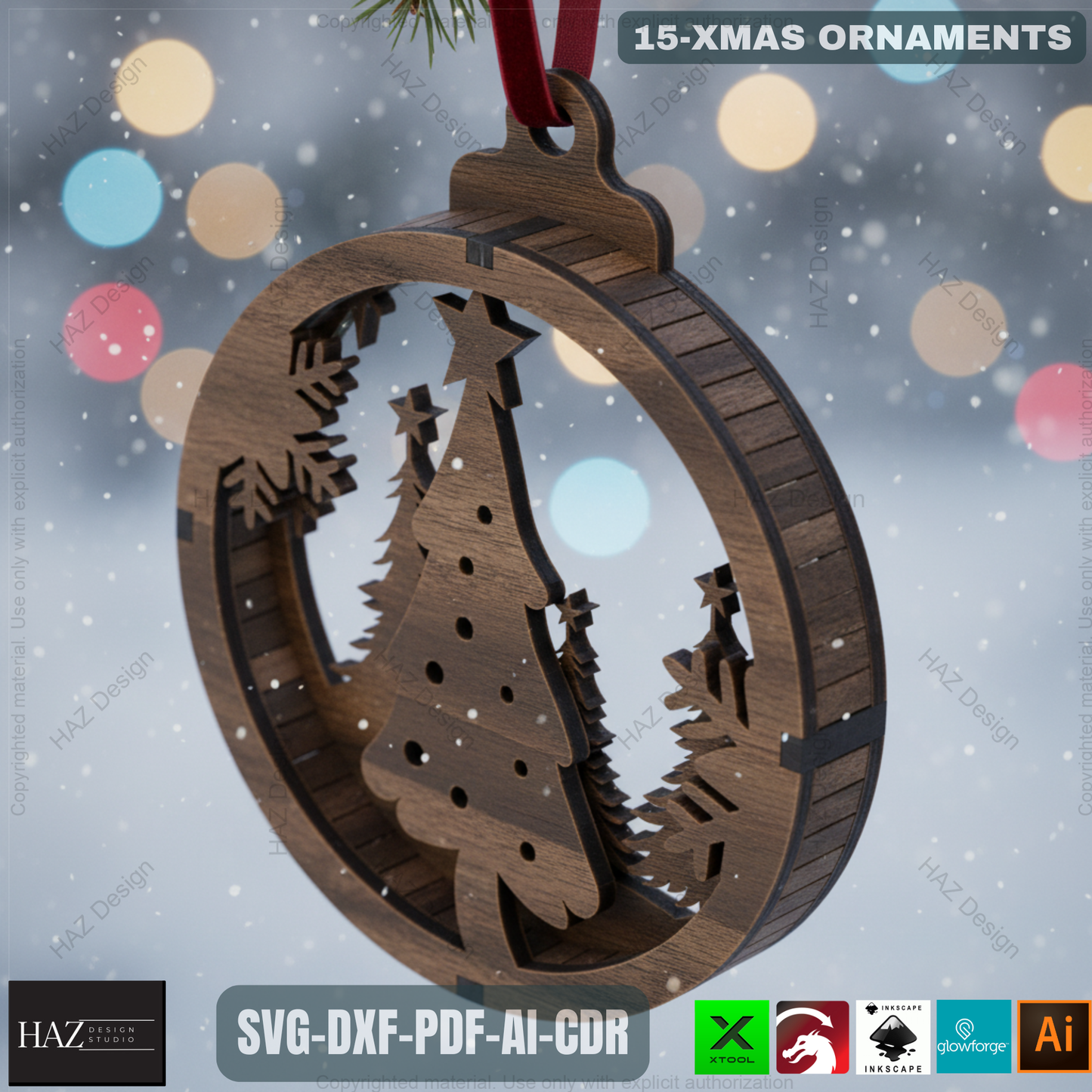 15 Layered Christmas Ornament Laser Cut Designs | Round Xmas Pendant Templates for DIY Holiday Decoration 486