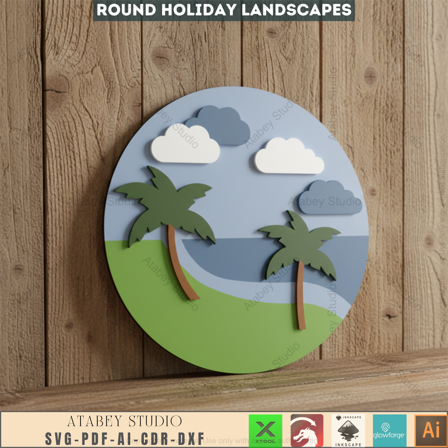Tropical Paradise Laser Cut SVG | Round Beach Mountain Landscape Digital Files for Wall Decor | Instant Download 952