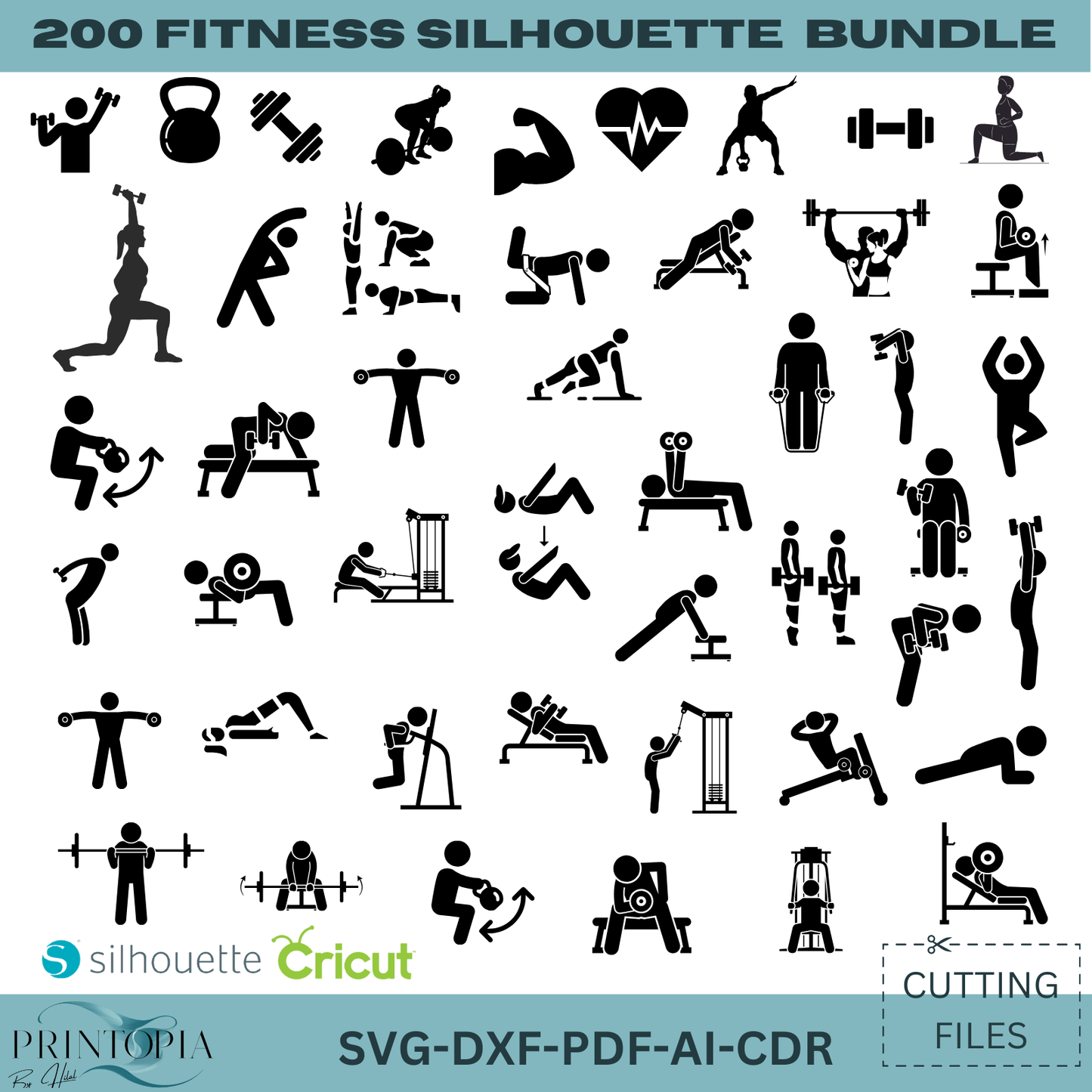 Gym & Workout Silhouette Bundle - 200 Editable svg, DXF, pdf AI, cdr Files for DIY Projects 178