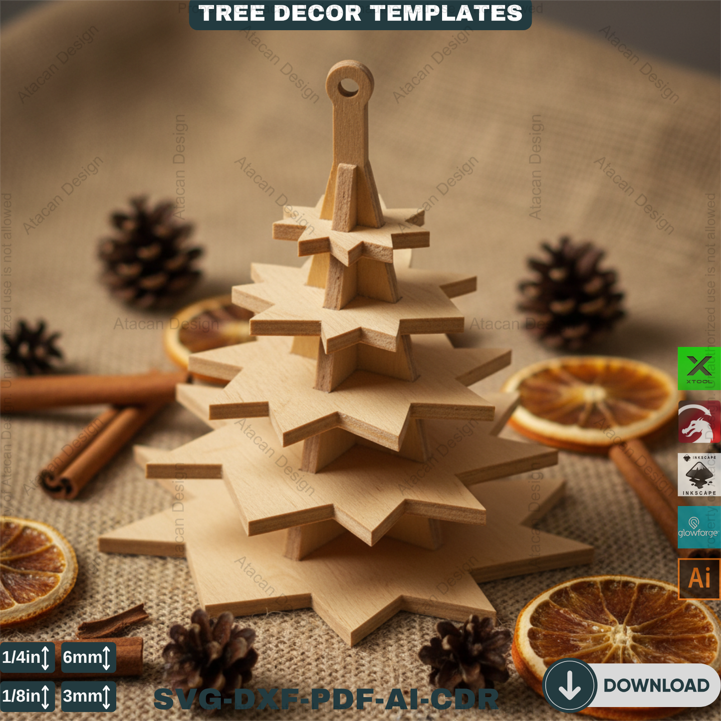 3D Christmas Tree Laser Cut File, Rustic Snowflake Holiday Decor, DIY Winter Tabletop Centerpiece for Glowforge & xTool 908