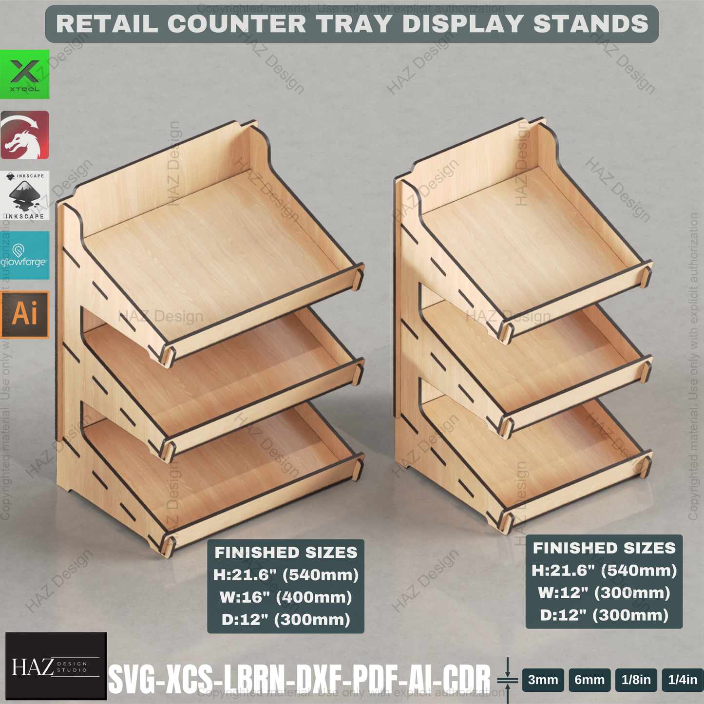 Laser Cut Curved Back Counter Tray Set | Multi-Size Tiered Display Stands | Retail & Market Files 441